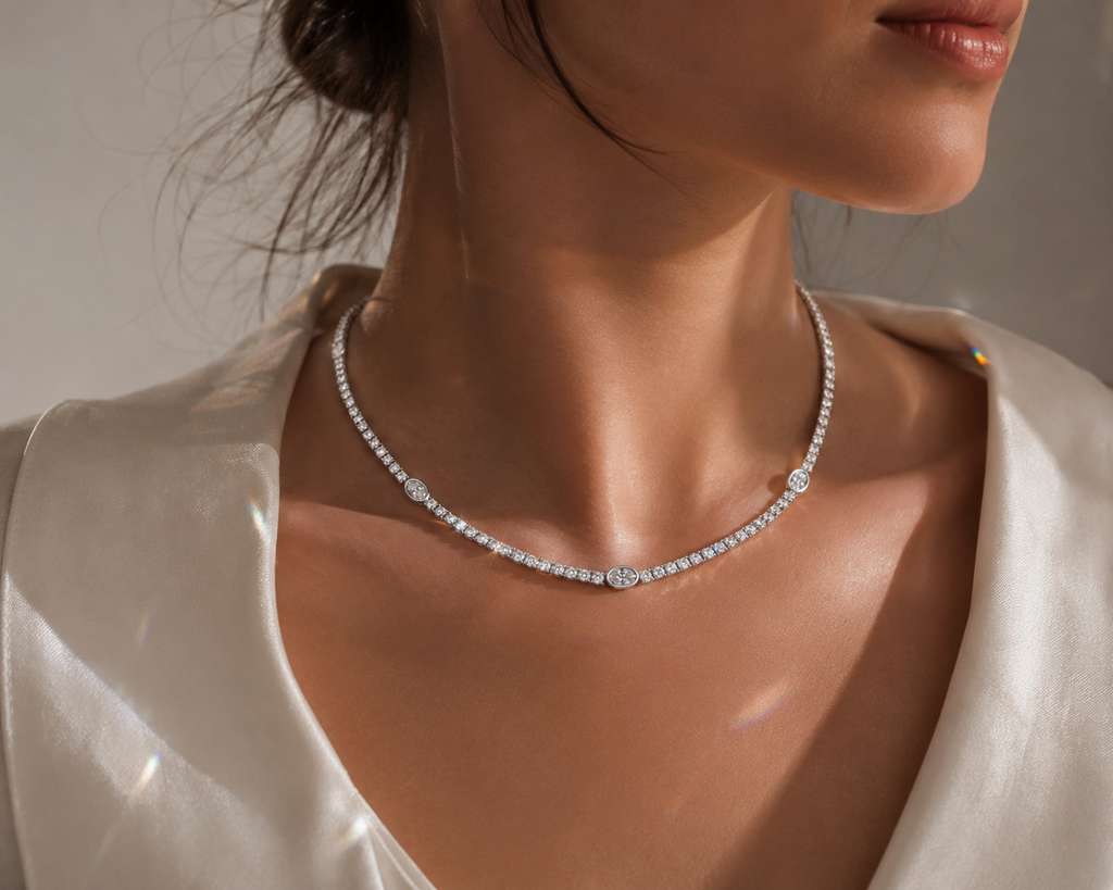 14K White Gold Oval Diamond Necklace