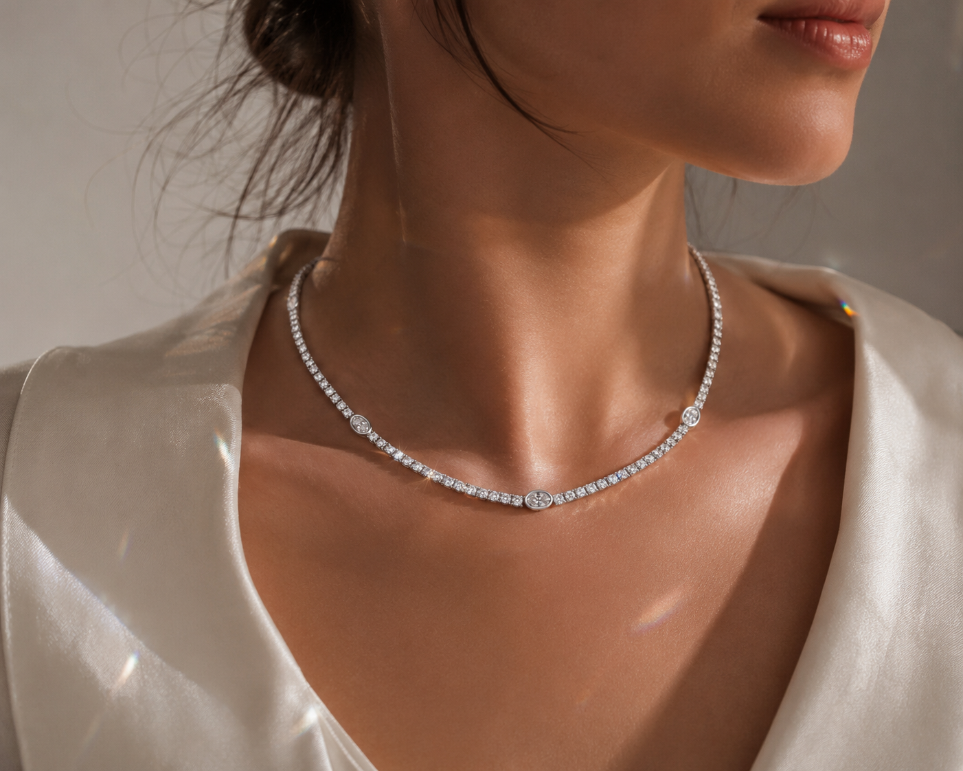 14K White Gold Oval Diamond Necklace
