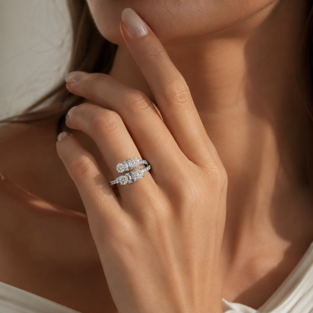 18K White Gold Emerald-Cut Multi-Stone Diamond Ring
