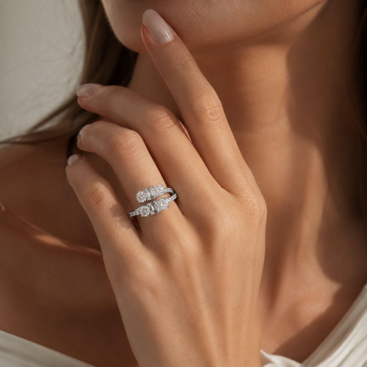 18K White Gold Emerald-Cut Multi-Stone Diamond Ring