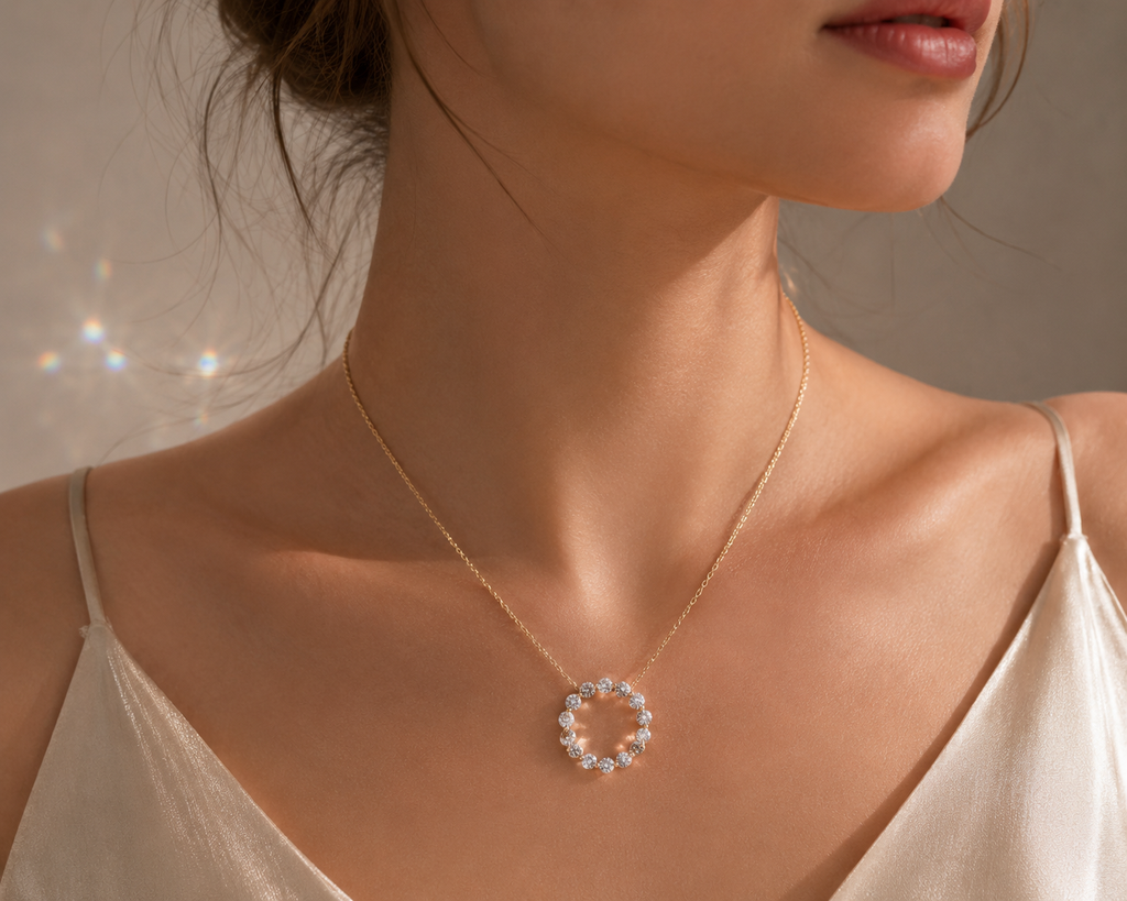 14K Yellow Gold Round Diamond Necklace
