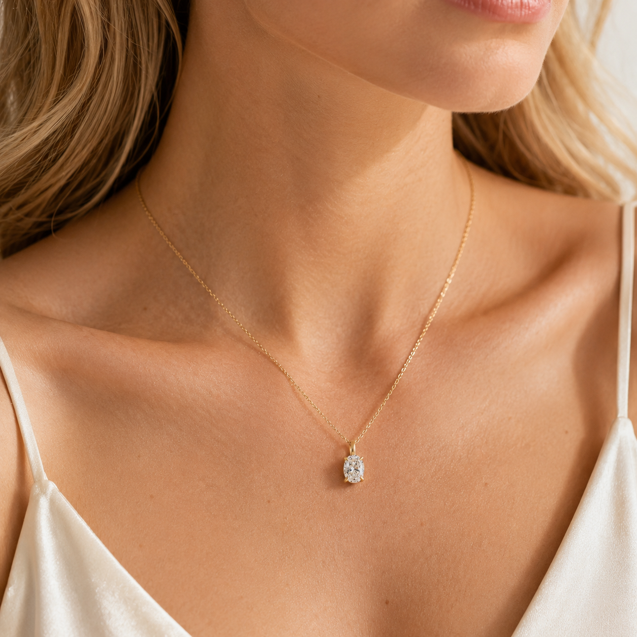 18K Yellow Gold Oval Solitaire Diamond Pendant (1 Carat)