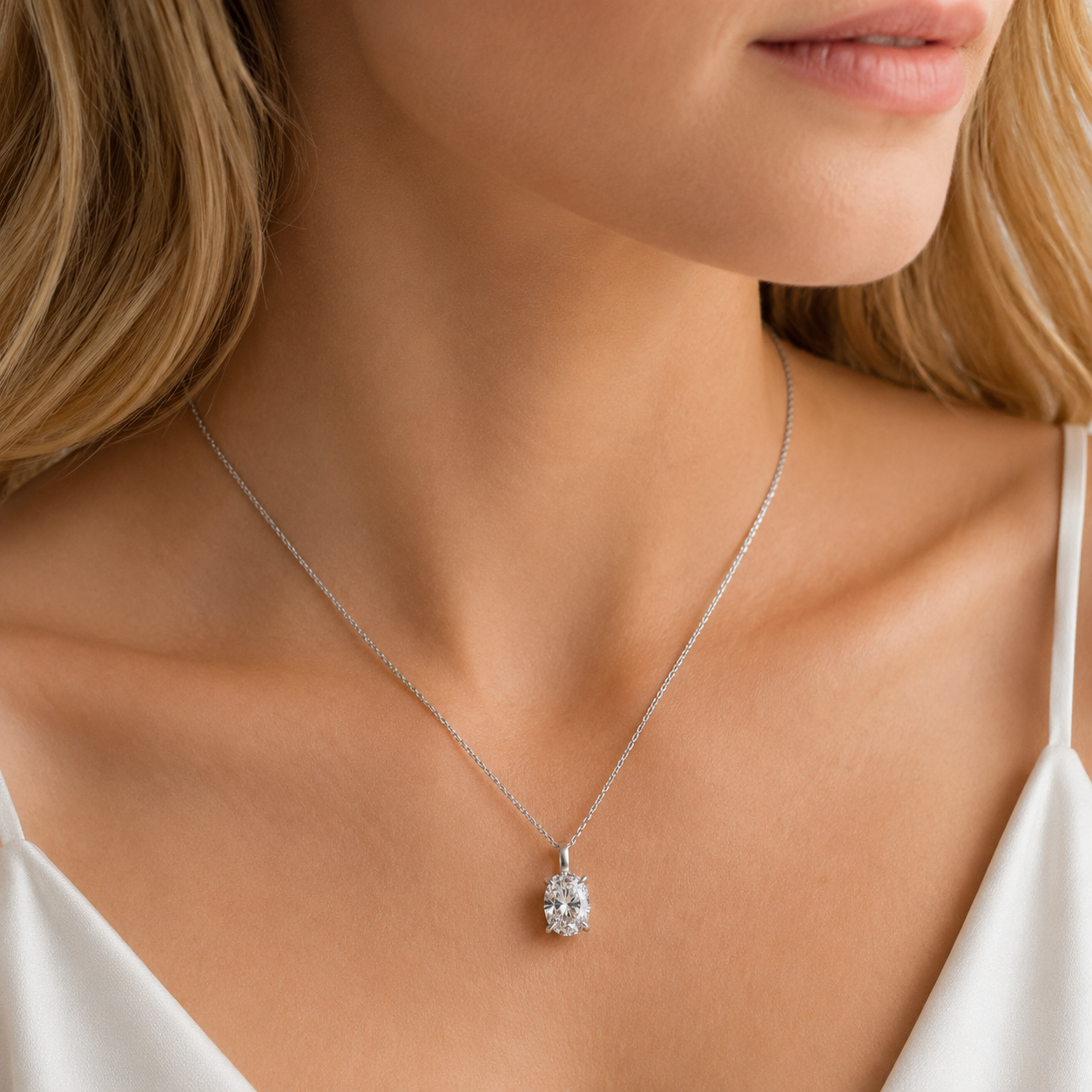 18K White Gold Oval Diamond Solitaire Pendant (1 Carat)