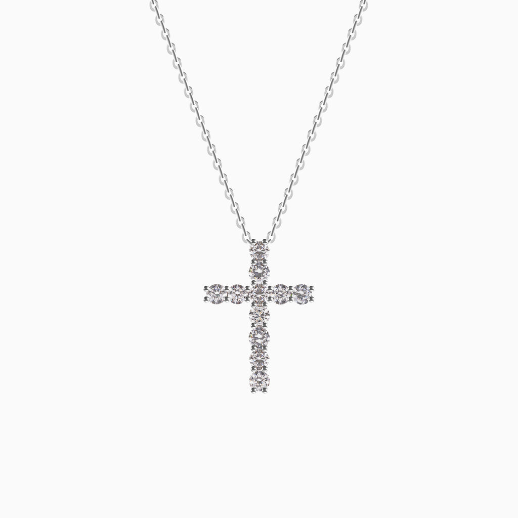 18K White Gold Round Diamond Cross Necklace