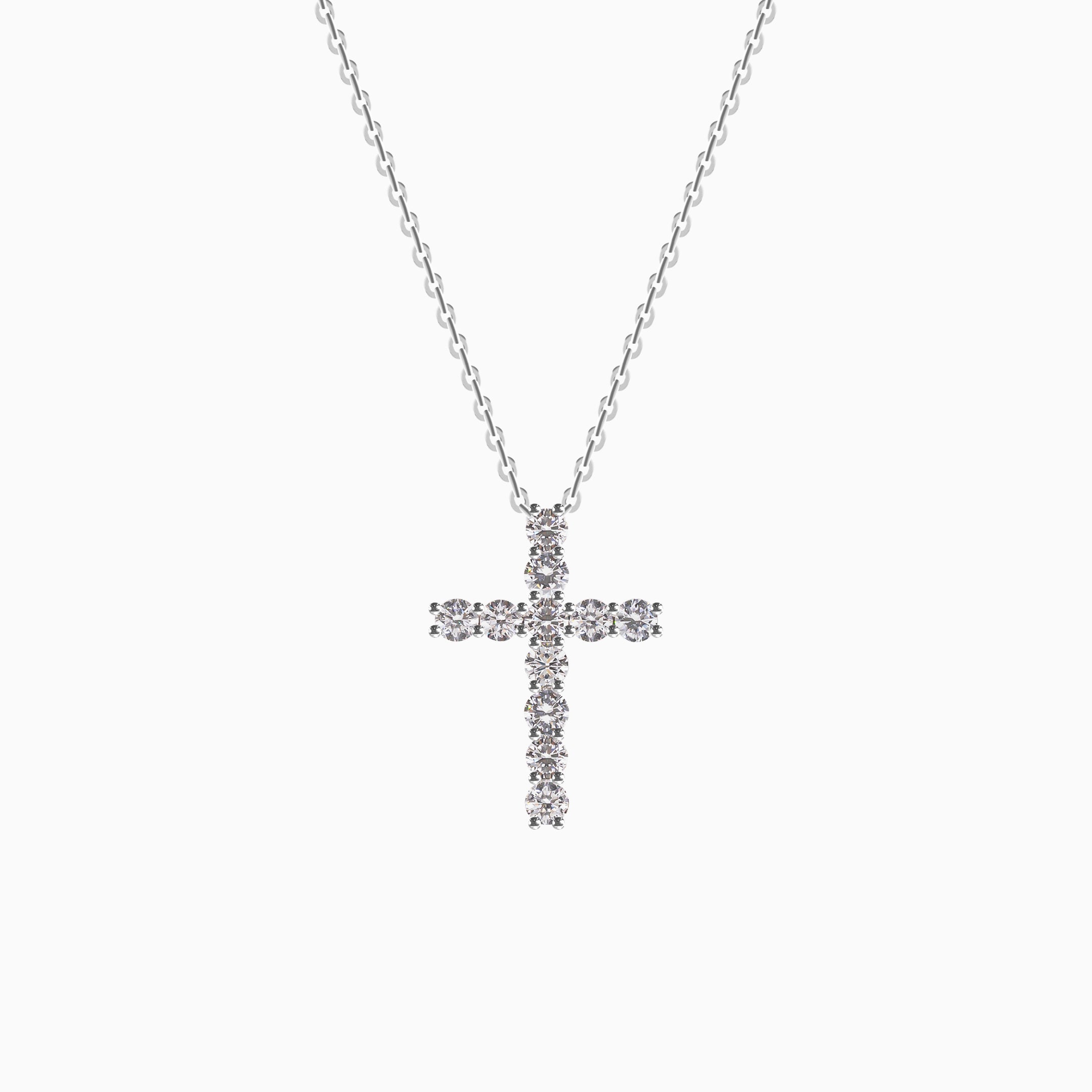 18K White Gold Round Diamond Cross Necklace