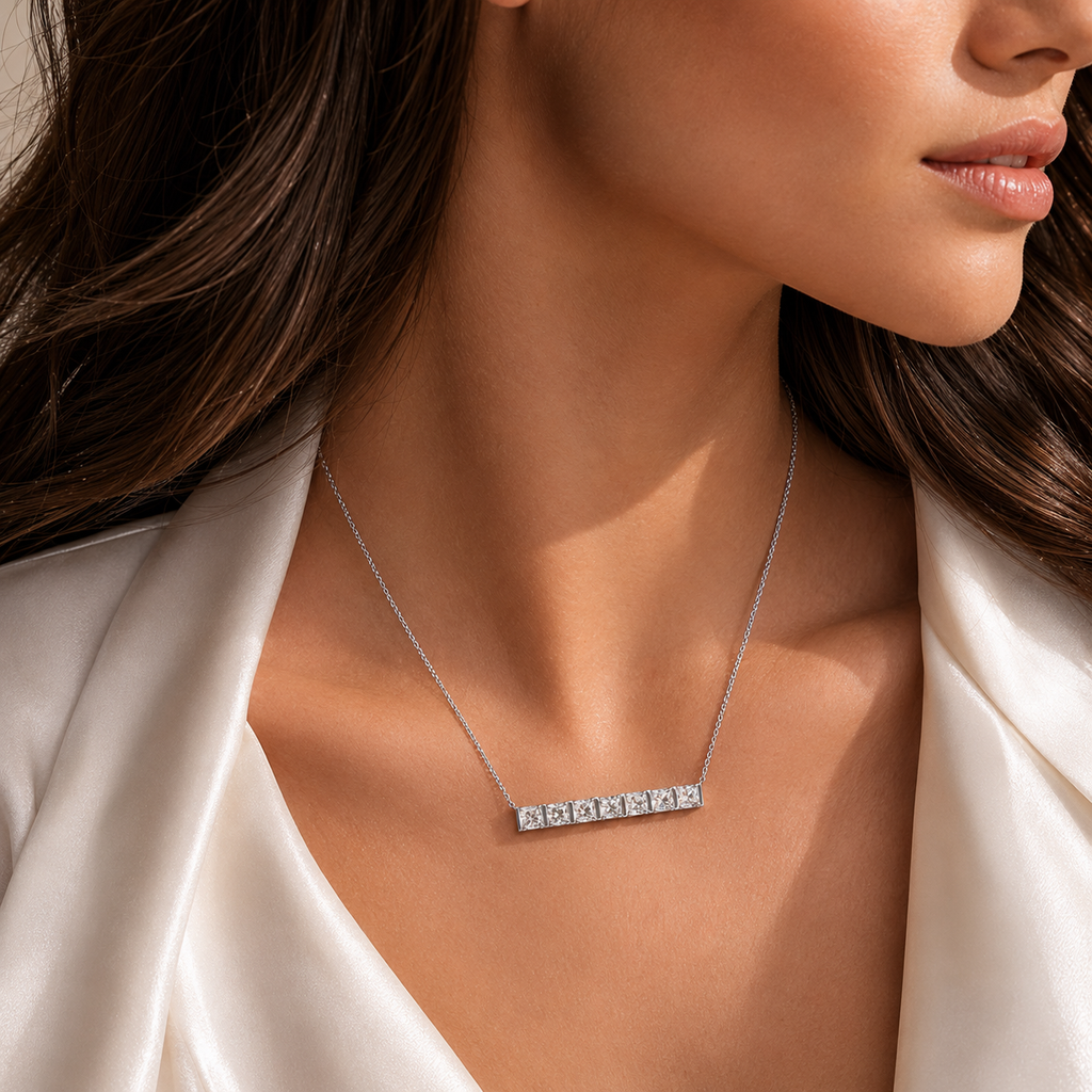 18K White Gold Princess-Cut Multi-Diamond Necklace