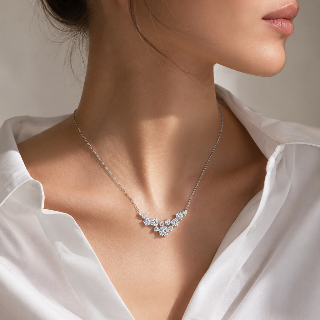 18K White Gold Round Diamond Multi-Diamond Necklace